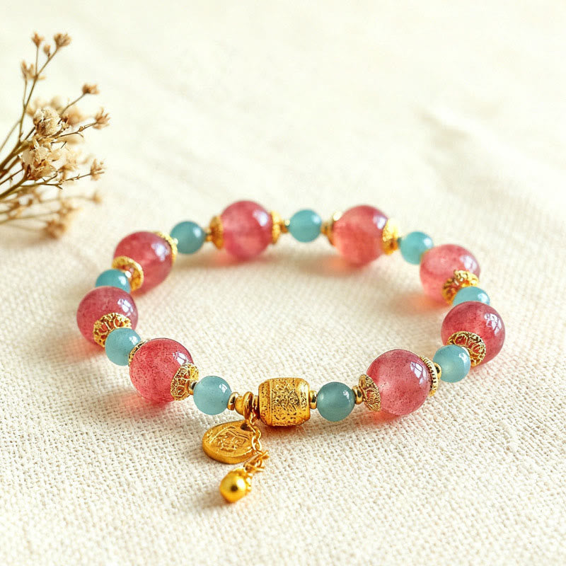 Wear FengShui Natural Strawberry Quartz Moonstone Healing Positive Beads Bracelet