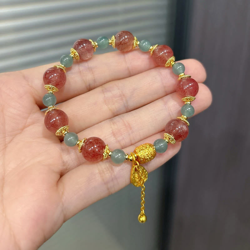 Wear FengShui Natural Strawberry Quartz Moonstone Healing Positive Beads Bracelet