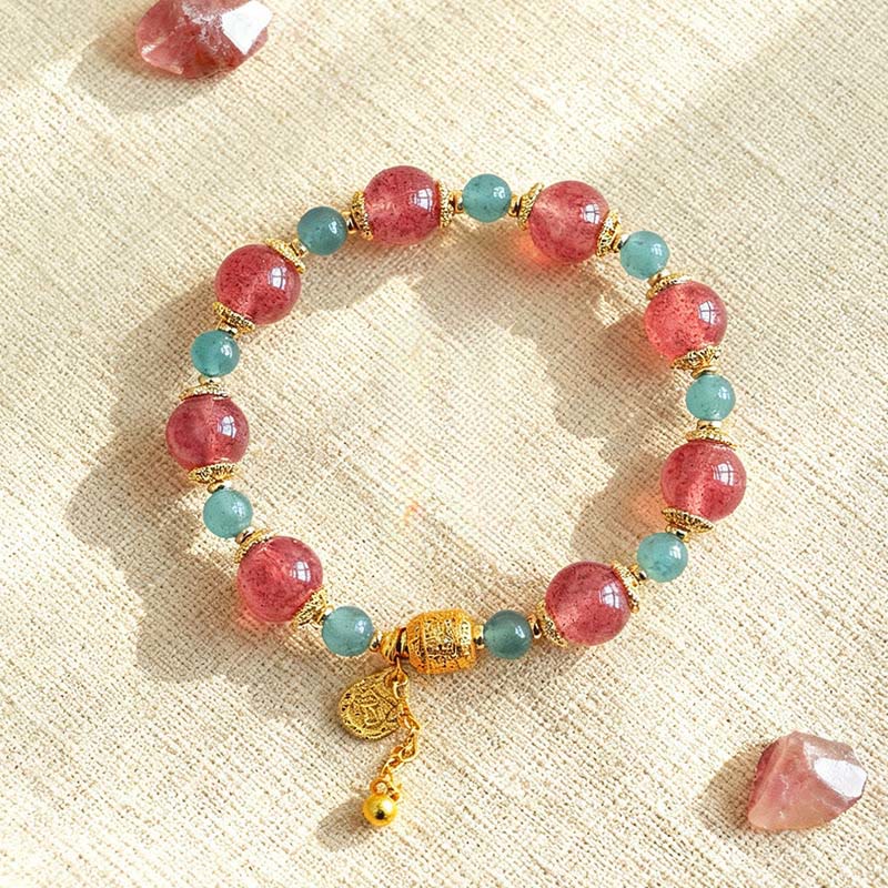 Wear FengShui Natural Strawberry Quartz Moonstone Healing Positive Beads Bracelet