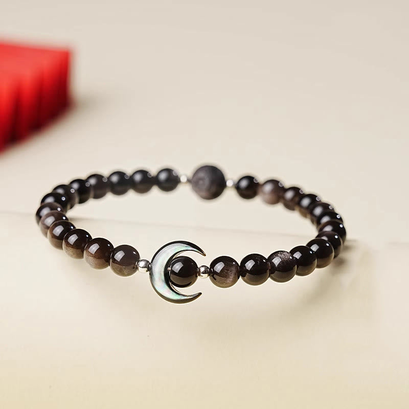Wear FengShui Moon Design Natural Silver Sheen Obsidian Protection Beaded Bracelet