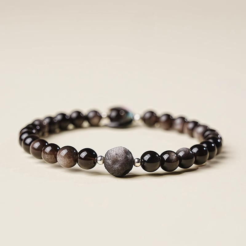 Wear FengShui Moon Design Natural Silver Sheen Obsidian Protection Beaded Bracelet