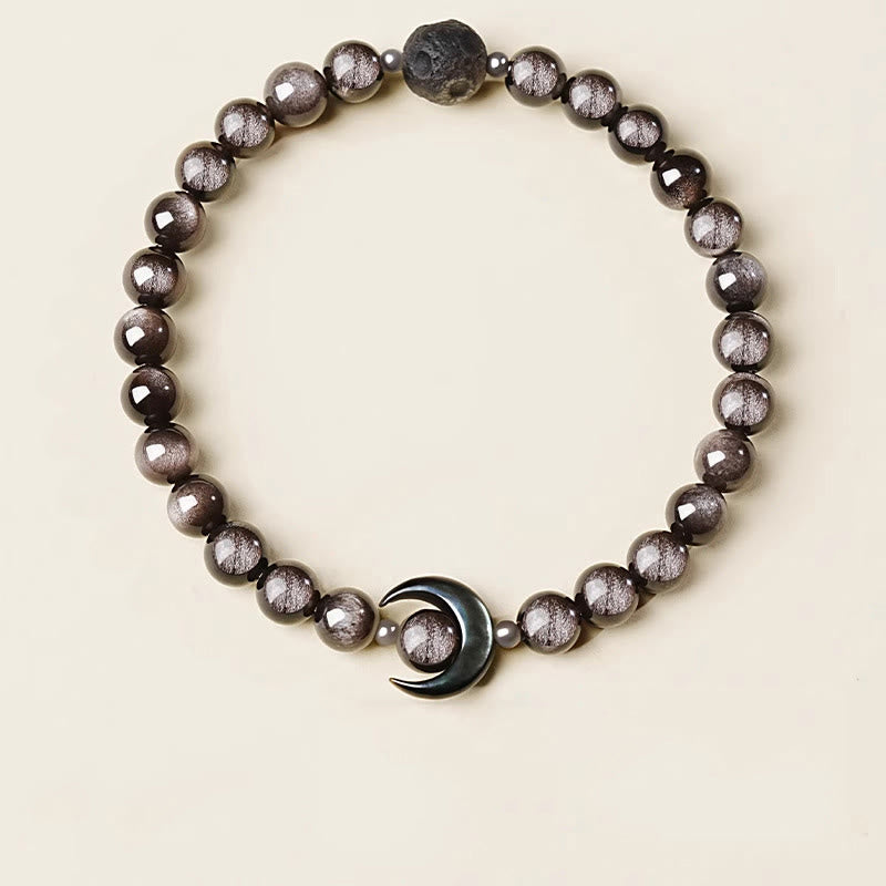 Wear FengShui Moon Design Natural Silver Sheen Obsidian Protection Beaded Bracelet