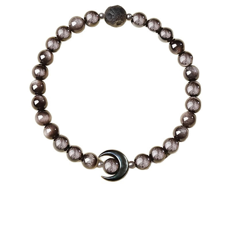 Wear FengShui Moon Design Natural Silver Sheen Obsidian Protection Beaded Bracelet