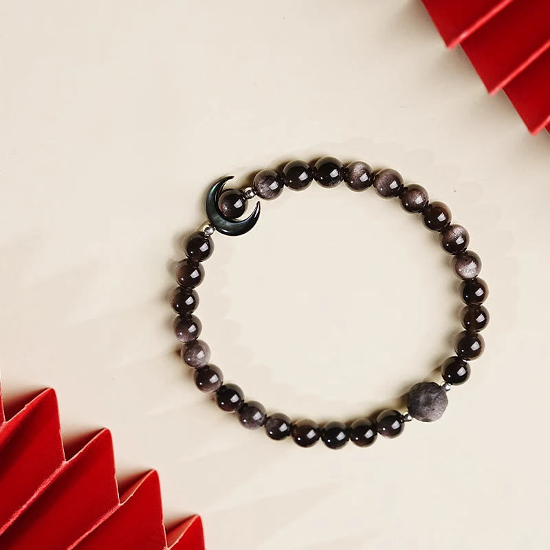 Wear FengShui Moon Design Natural Silver Sheen Obsidian Protection Beaded Bracelet