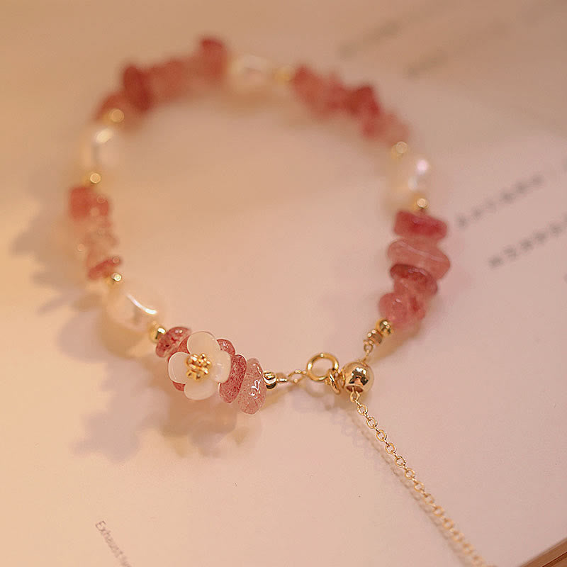 Wear FengShui White Flower Pearl Natural Irregular Strawberry Quartz Healing Chain Bracelet
