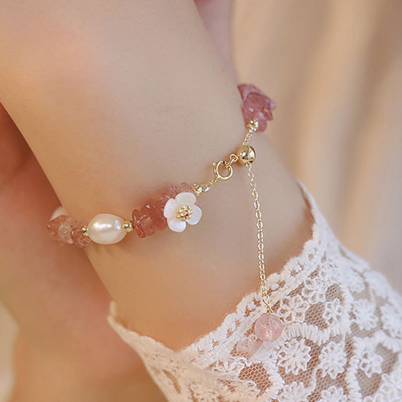 Wear FengShui White Flower Pearl Natural Irregular Strawberry Quartz Healing Chain Bracelet