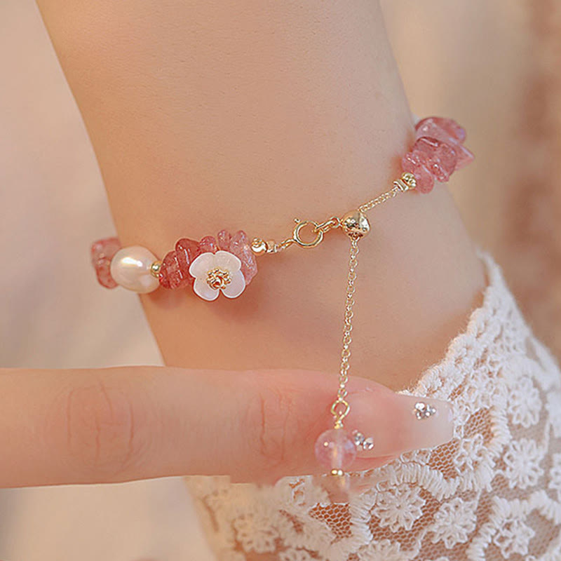 Wear FengShui White Flower Pearl Natural Irregular Strawberry Quartz Healing Chain Bracelet