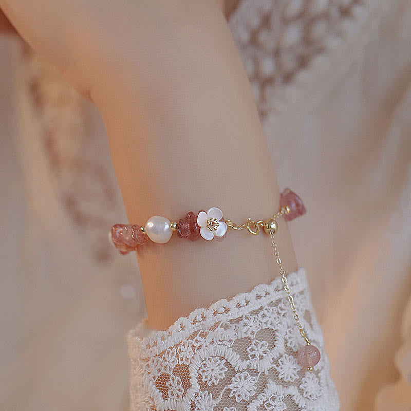 Wear FengShui White Flower Pearl Natural Irregular Strawberry Quartz Healing Chain Bracelet