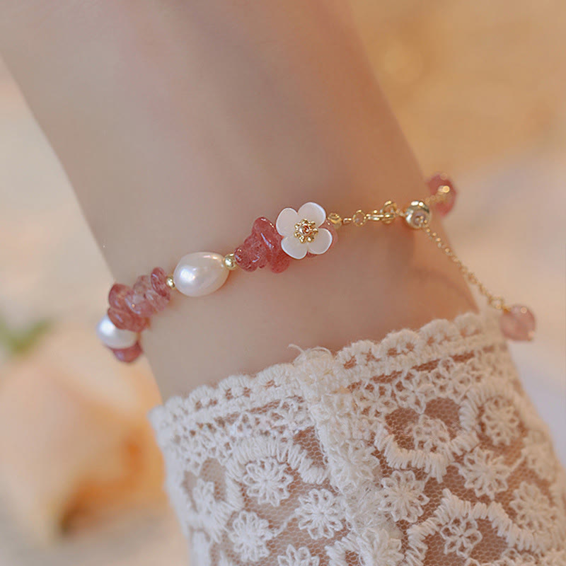 Wear FengShui White Flower Pearl Natural Irregular Strawberry Quartz Healing Chain Bracelet