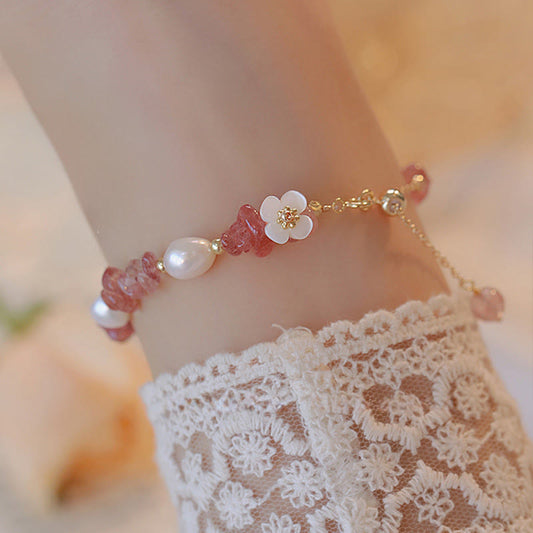 Wear FengShui White Flower Pearl Natural Irregular Strawberry Quartz Healing Chain Bracelet