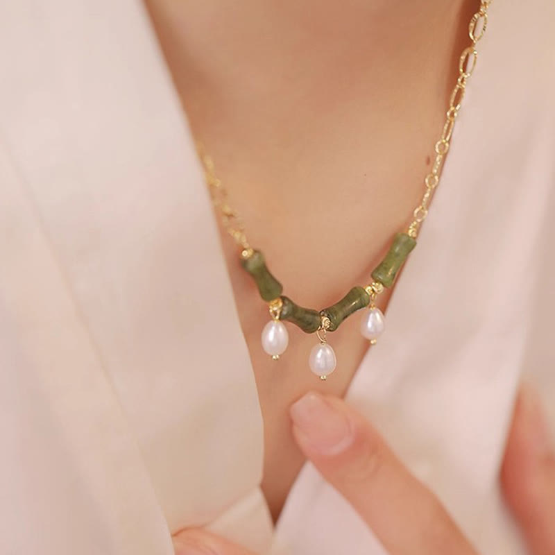 Wear FengShui Tianshan Jade Bamboo Pearl Abundance Wealth Necklace Pendant