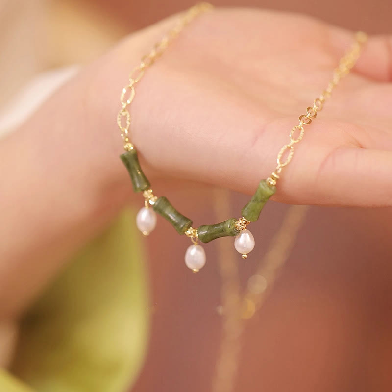 Wear FengShui Tianshan Jade Bamboo Pearl Abundance Wealth Necklace Pendant