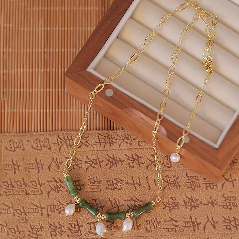 Wear FengShui Tianshan Jade Bamboo Pearl Abundance Wealth Necklace Pendant