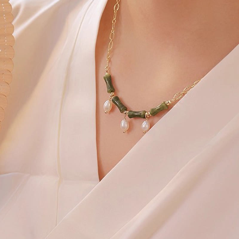 Wear FengShui Tianshan Jade Bamboo Pearl Abundance Wealth Necklace Pendant