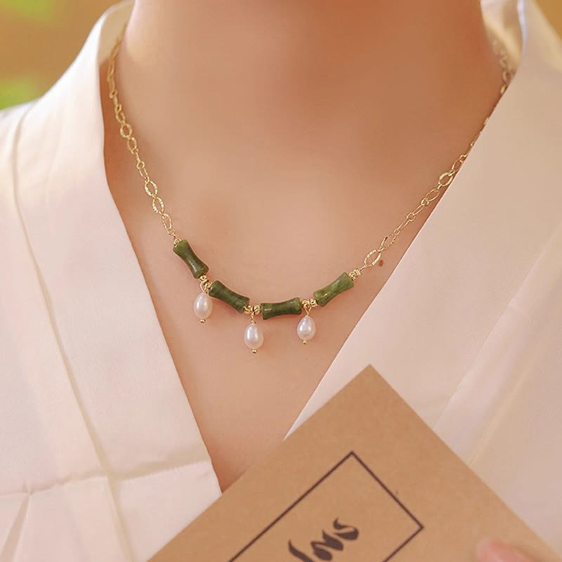 Wear FengShui Tianshan Jade Bamboo Pearl Abundance Wealth Necklace Pendant