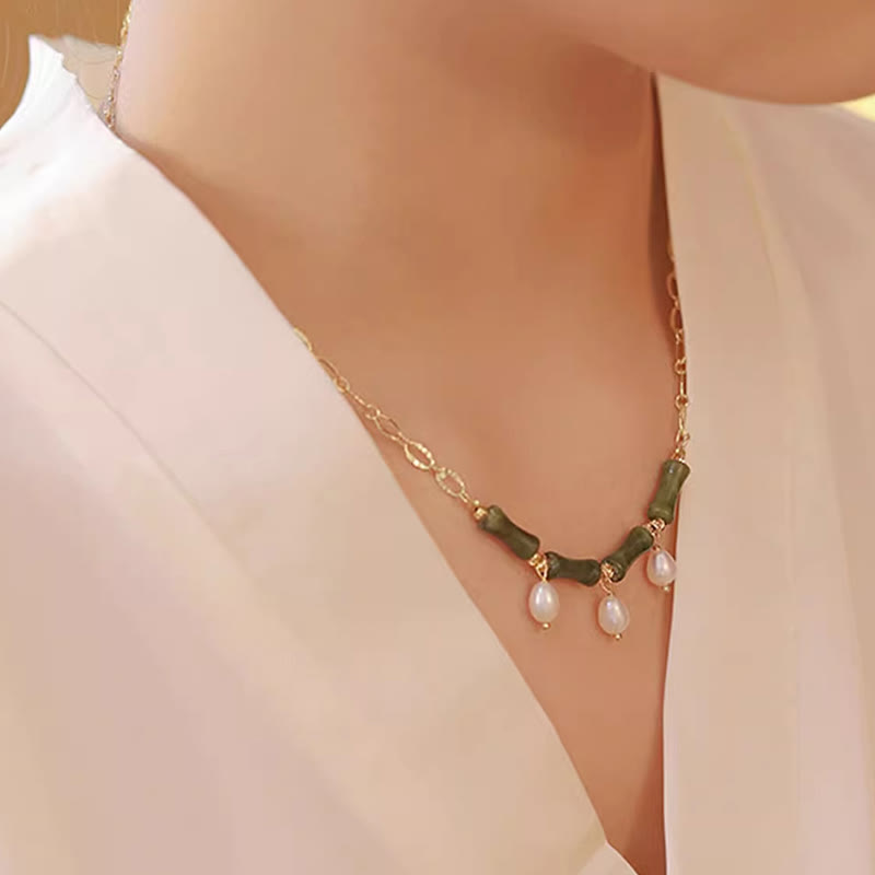 Wear FengShui Tianshan Jade Bamboo Pearl Abundance Wealth Necklace Pendant