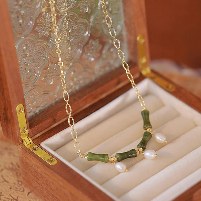 Wear FengShui Tianshan Jade Bamboo Pearl Abundance Wealth Necklace Pendant