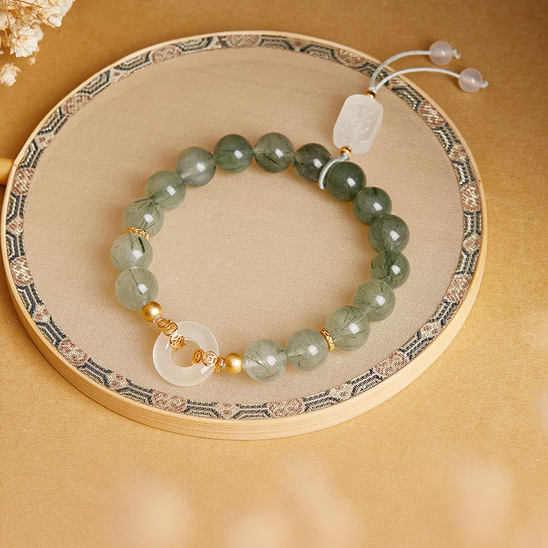 Wear FengShui 925 Sterling Silver Green Rutilated Quartz White Chalcedony Peace Buckle Courage Bracelet