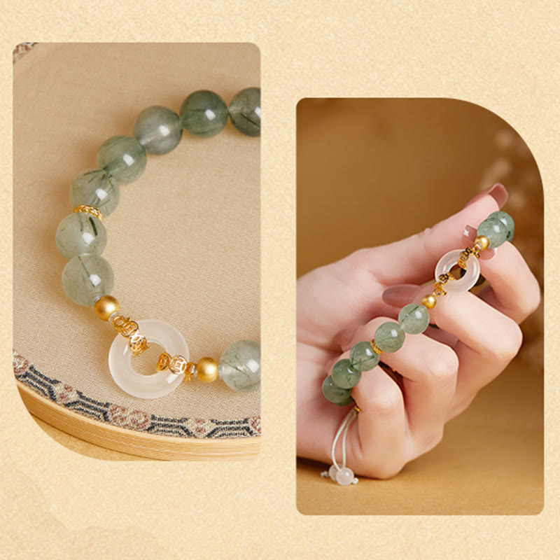 Wear FengShui 925 Sterling Silver Green Rutilated Quartz White Chalcedony Peace Buckle Courage Bracelet