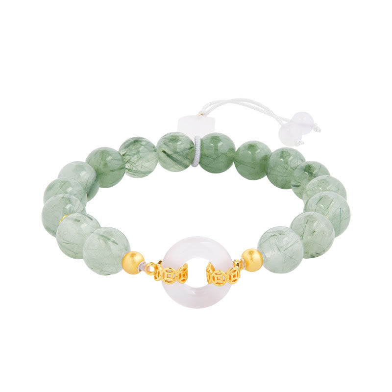 Wear FengShui 925 Sterling Silver Green Rutilated Quartz White Chalcedony Peace Buckle Courage Bracelet