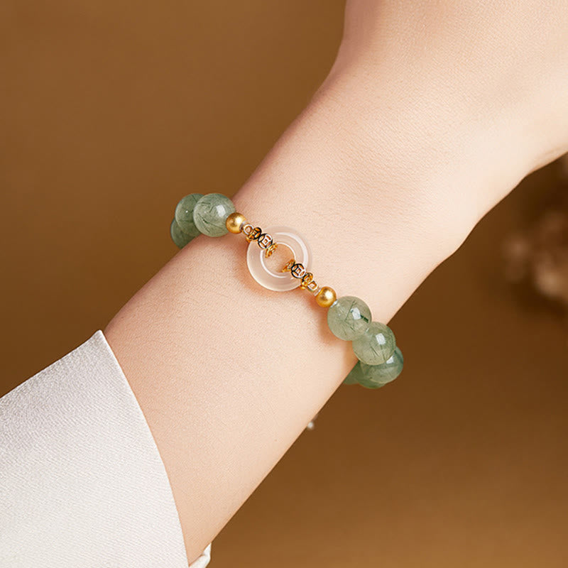 Wear FengShui 925 Sterling Silver Green Rutilated Quartz White Chalcedony Peace Buckle Courage Bracelet