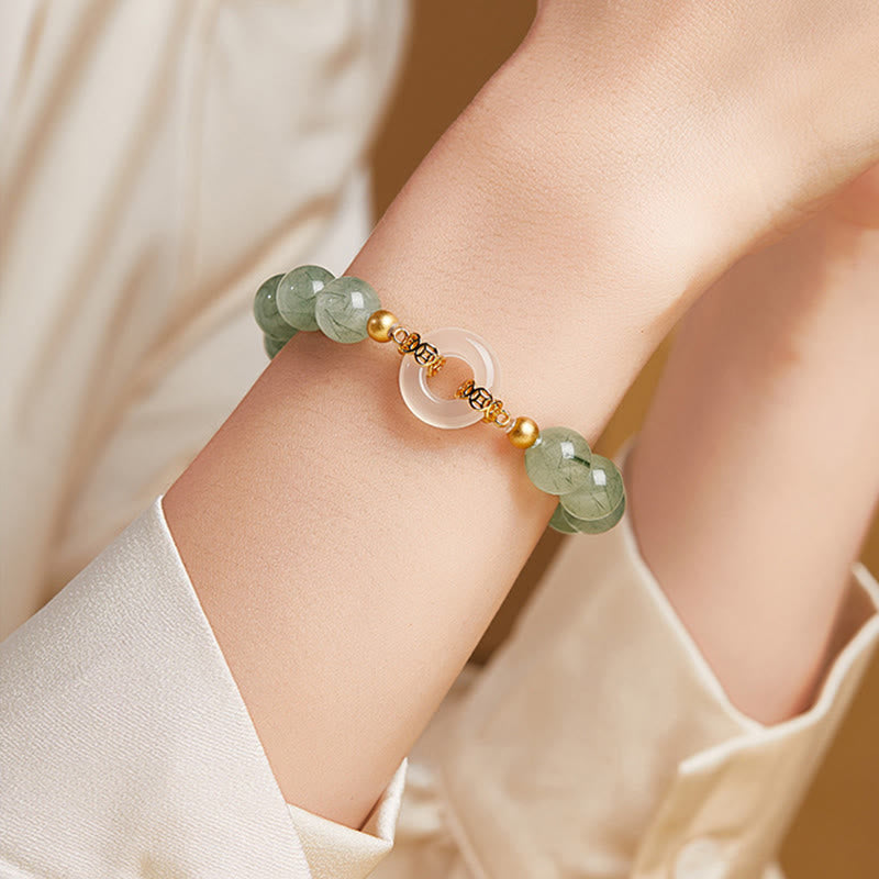 Wear FengShui 925 Sterling Silver Green Rutilated Quartz White Chalcedony Peace Buckle Courage Bracelet