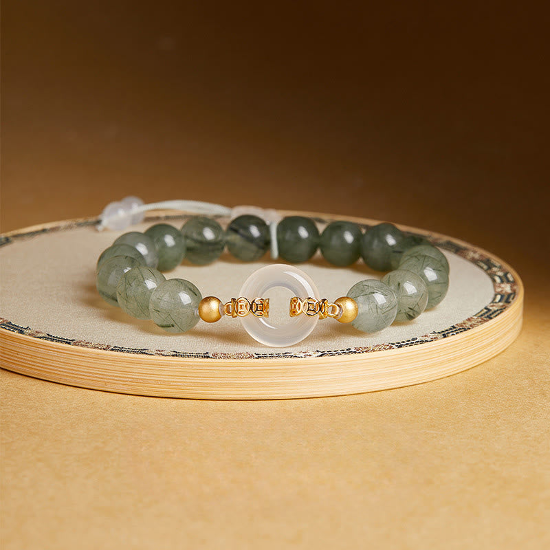 Wear FengShui 925 Sterling Silver Green Rutilated Quartz White Chalcedony Peace Buckle Courage Bracelet