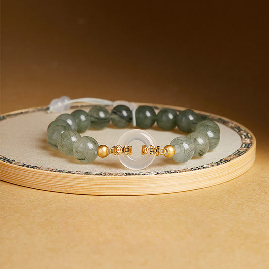 Wear FengShui 925 Sterling Silver Green Rutilated Quartz White Chalcedony Peace Buckle Courage Bracelet