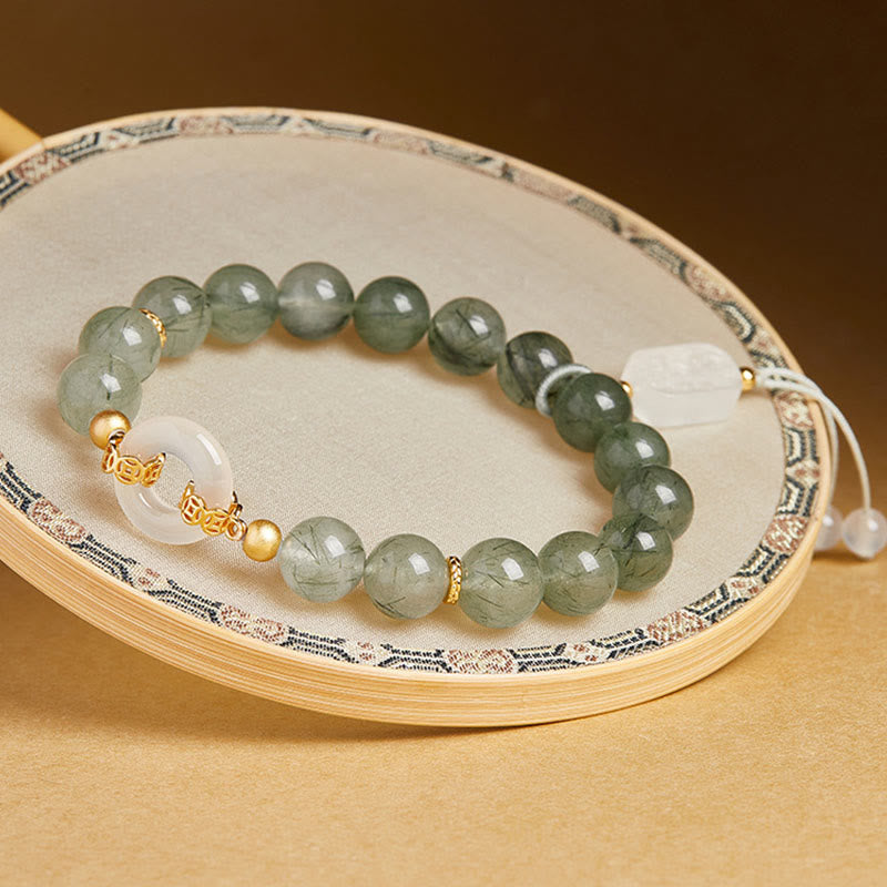 Wear FengShui 925 Sterling Silver Green Rutilated Quartz White Chalcedony Peace Buckle Courage Bracelet