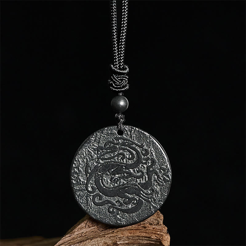 Wear FengShui Carved Dragon Pattern Authentic Shungite Stone Inner Strength Necklace Pendant