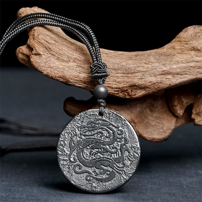 Wear FengShui Carved Dragon Pattern Authentic Shungite Stone Inner Strength Necklace Pendant