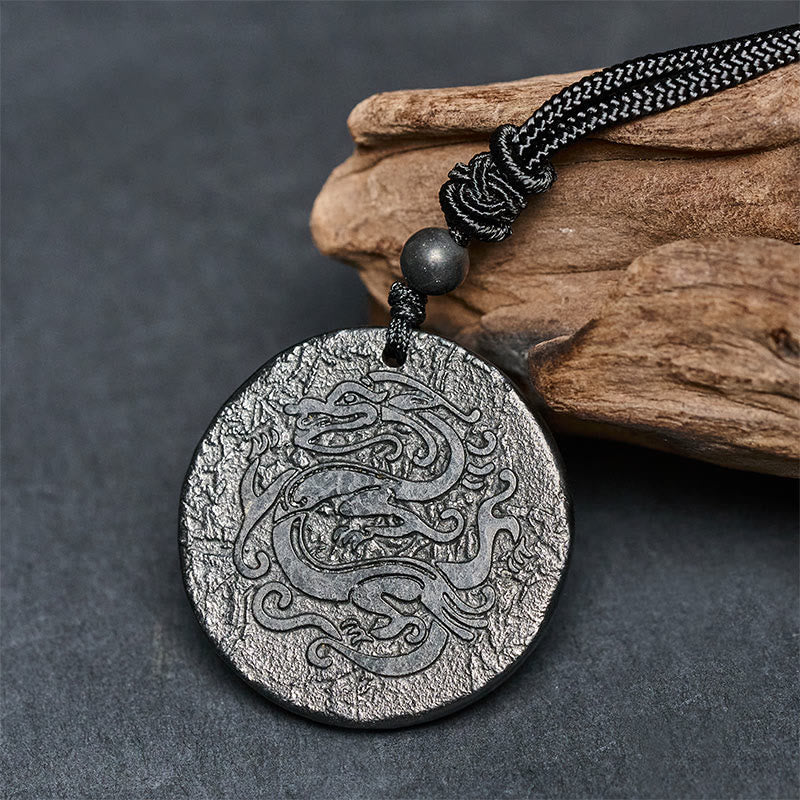 Wear FengShui Carved Dragon Pattern Authentic Shungite Stone Inner Strength Necklace Pendant