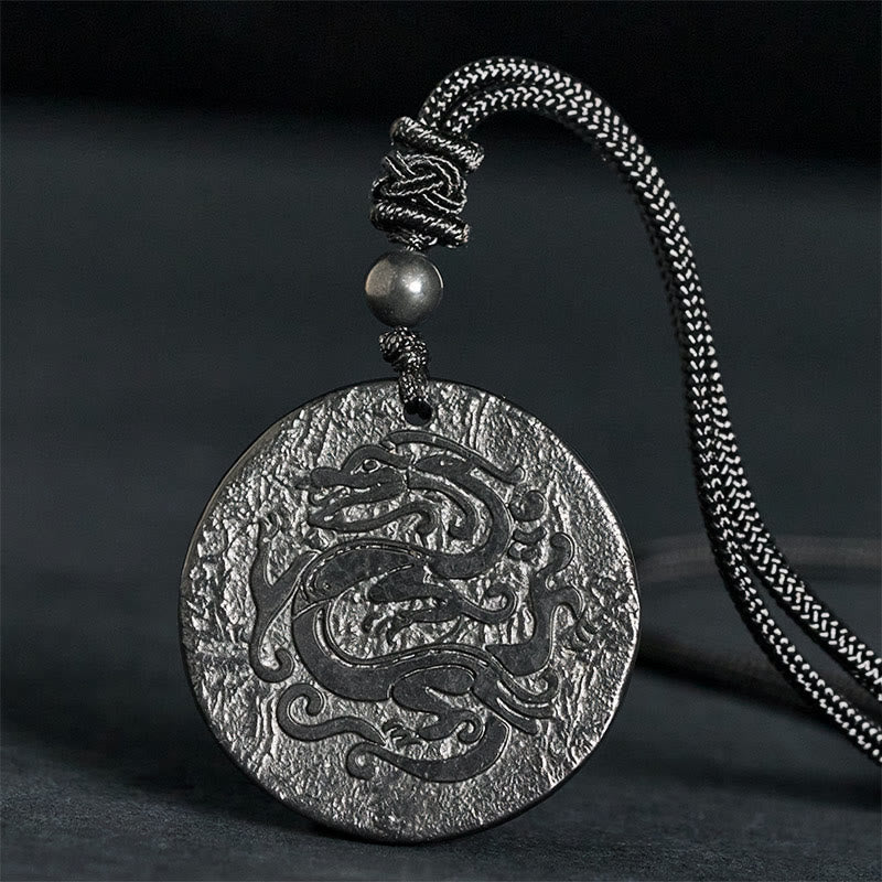 Wear FengShui Carved Dragon Pattern Authentic Shungite Stone Inner Strength Necklace Pendant