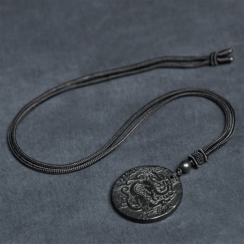 Wear FengShui Carved Dragon Pattern Authentic Shungite Stone Inner Strength Necklace Pendant