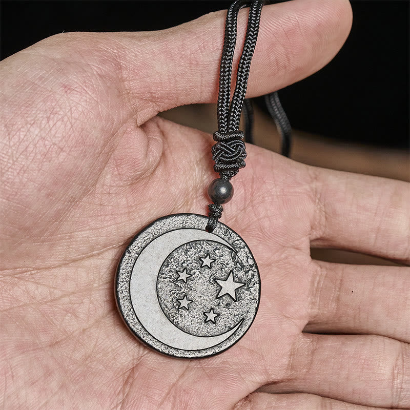 Wear FengShui Moon Star Round Design Authentic Shungite Stone Protection Necklace Pendant