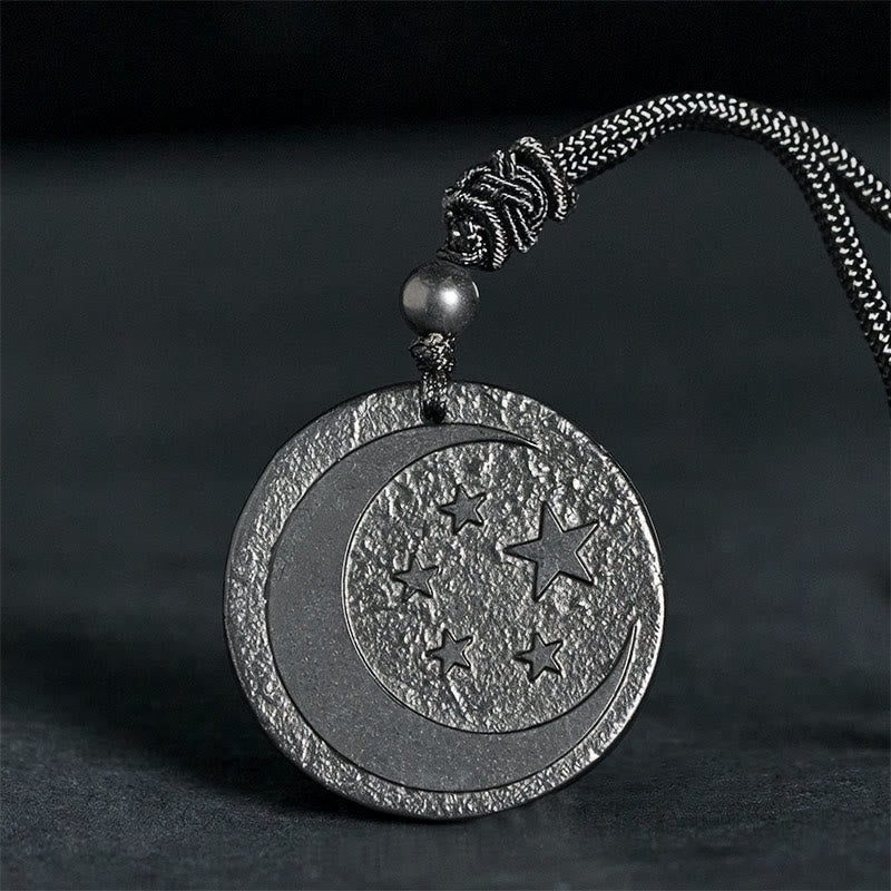 Wear FengShui Moon Star Round Design Authentic Shungite Stone Protection Necklace Pendant