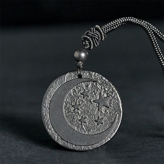 Wear FengShui Moon Star Round Design Authentic Shungite Stone Protection Necklace Pendant