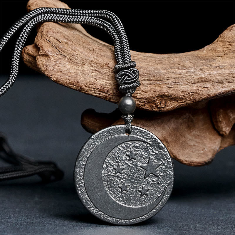 Wear FengShui Moon Star Round Design Authentic Shungite Stone Protection Necklace Pendant