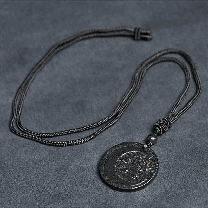 Wear FengShui Moon Star Round Design Authentic Shungite Stone Protection Necklace Pendant
