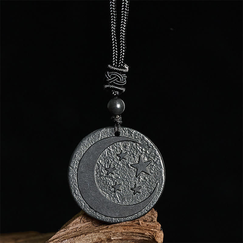 Wear FengShui Moon Star Round Design Authentic Shungite Stone Protection Necklace Pendant