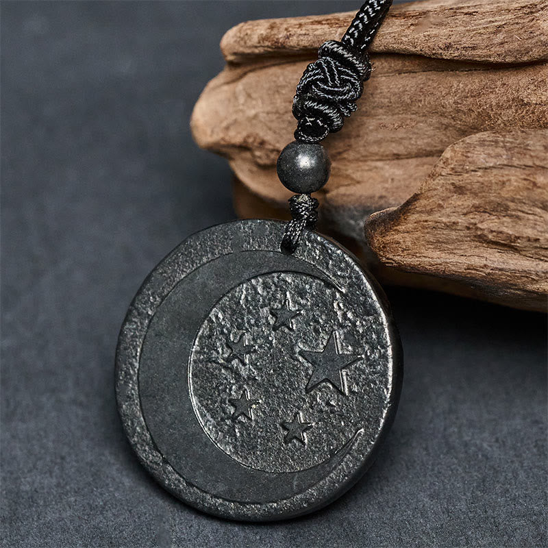 Wear FengShui Moon Star Round Design Authentic Shungite Stone Protection Necklace Pendant