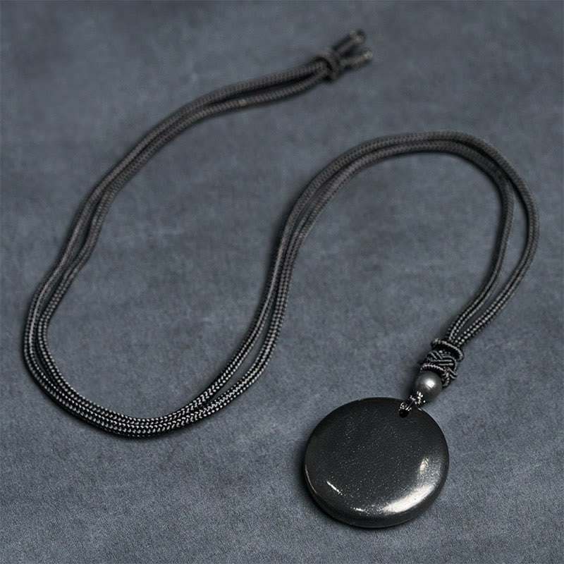 Buddha Stones Geometric Round Authentic Shungite Stone Rope Inner Strength Necklace Pendant
