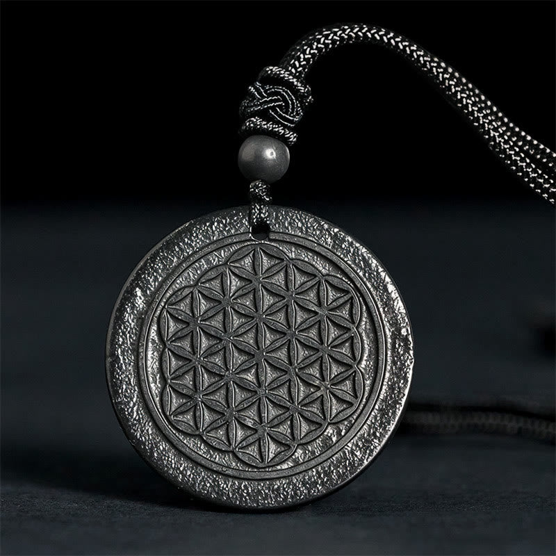 Wear FengShui Flower of Life Carving Design Authentic Shungite Stone Protection Necklace Pendant