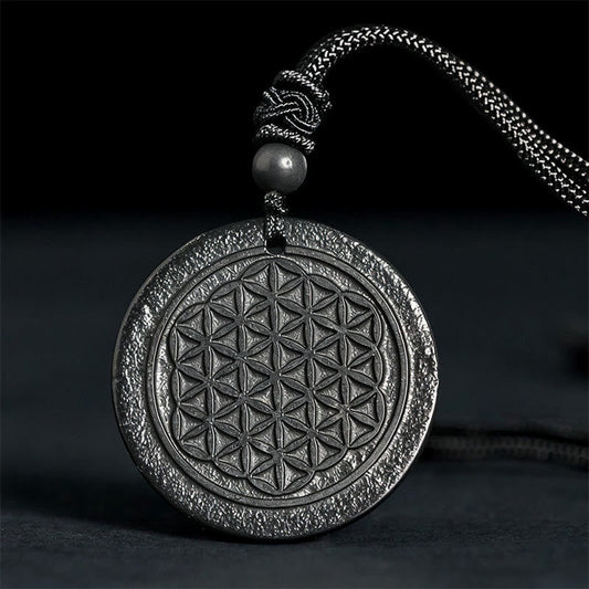 Wear FengShui Flower of Life Carving Design Authentic Shungite Stone Protection Necklace Pendant