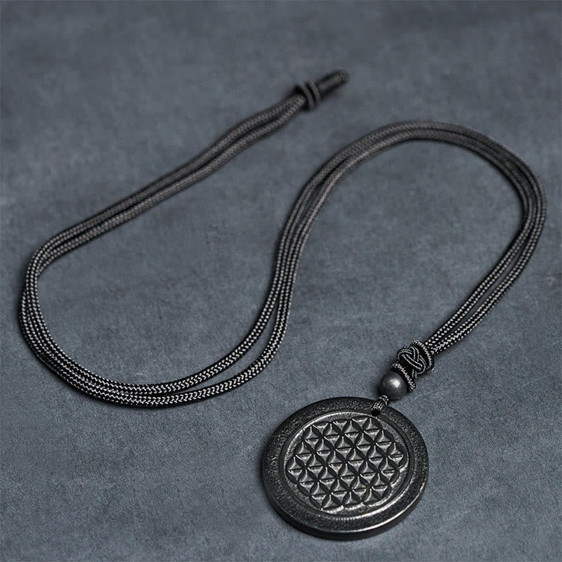 Wear FengShui Flower of Life Carving Design Authentic Shungite Stone Protection Necklace Pendant