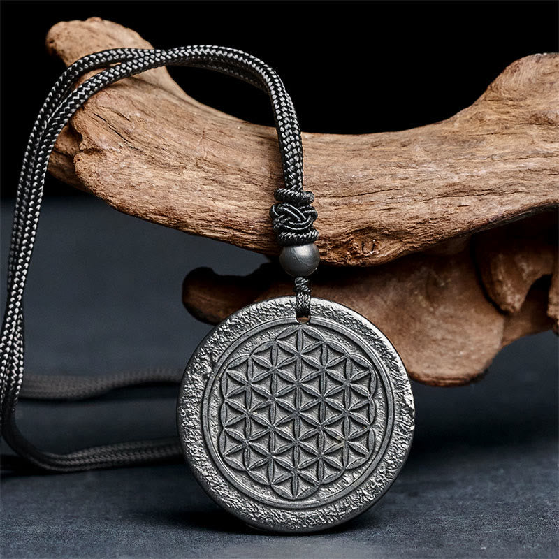 Wear FengShui Flower of Life Carving Design Authentic Shungite Stone Protection Necklace Pendant