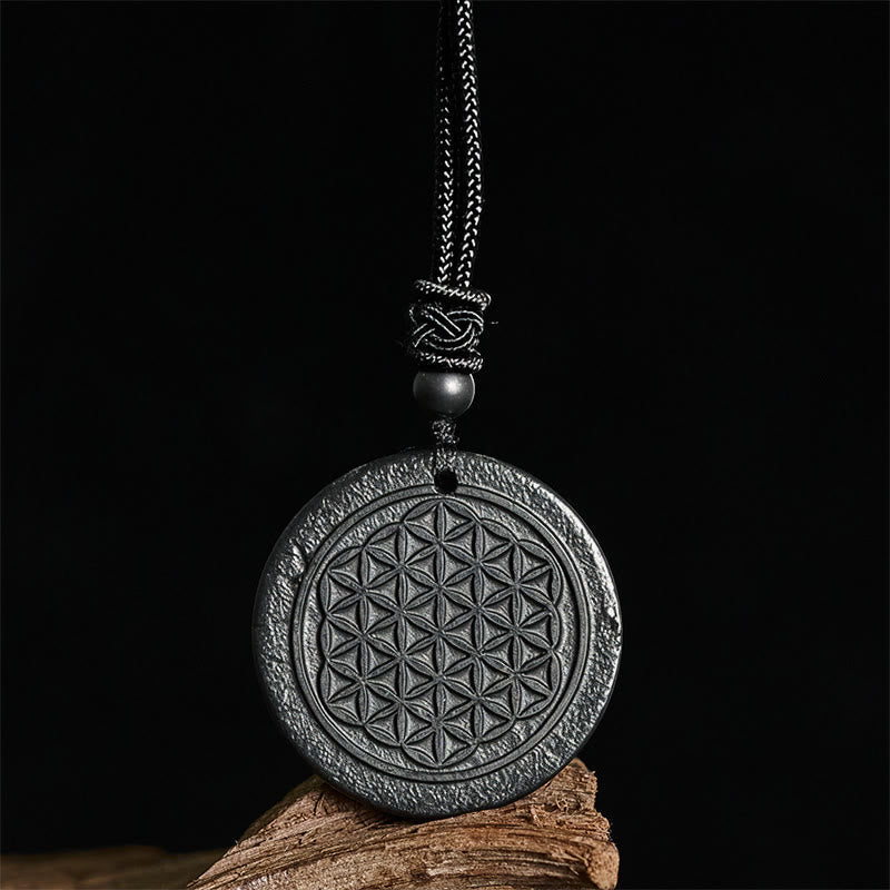 Wear FengShui Flower of Life Carving Design Authentic Shungite Stone Protection Necklace Pendant
