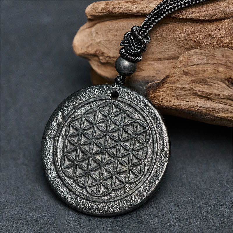 Wear FengShui Flower of Life Carving Design Authentic Shungite Stone Protection Necklace Pendant