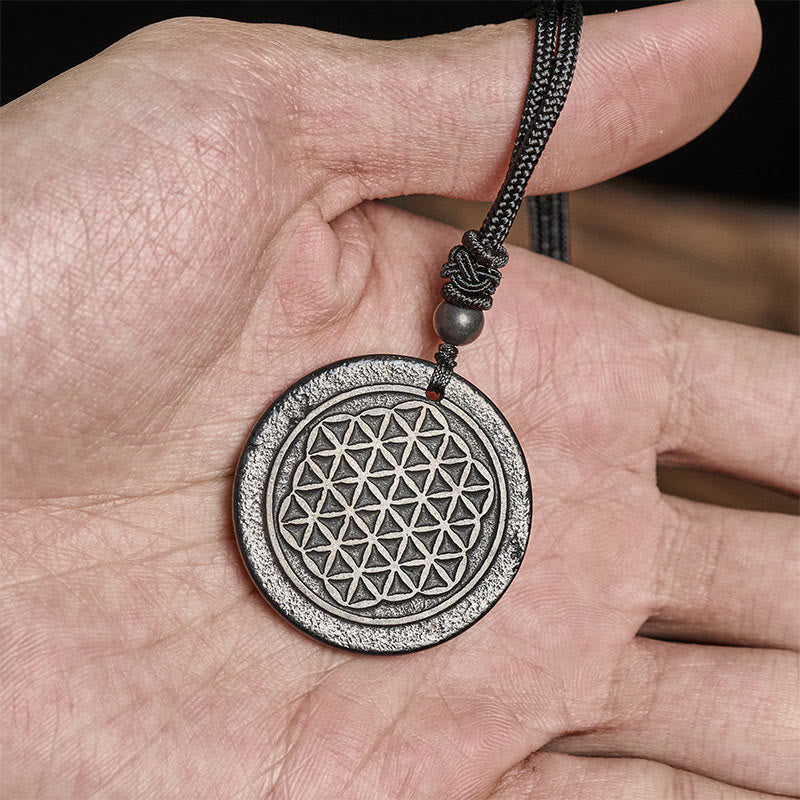 Wear FengShui Flower of Life Carving Design Authentic Shungite Stone Protection Necklace Pendant