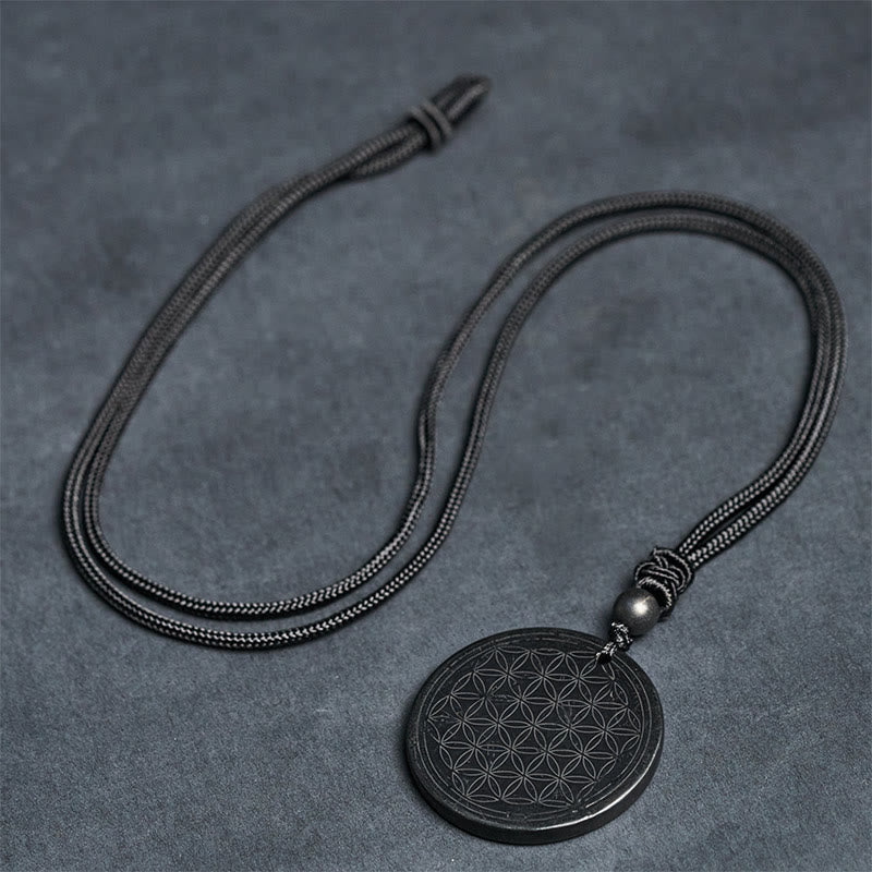 Wear FengShui Flower of Life Carving Design Authentic Shungite Stone Protection Necklace Pendant